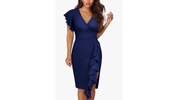 Deep-V Neck Ruffle Sleeves Pencil Dress