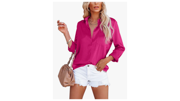 Button Down Satin V Neck Blouse by OMSJ