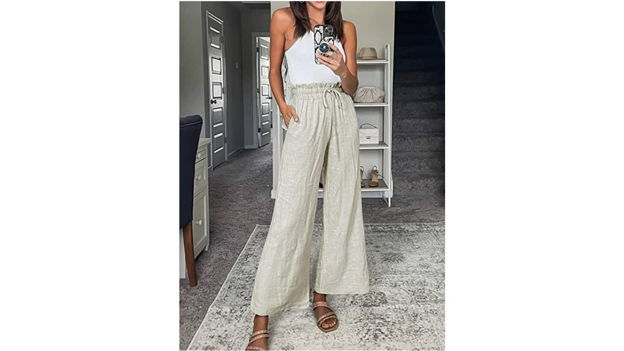 ANRABESS Women's Linen Pants Casual Loose High Waist Drawstring Wide Leg Capri Palazzo Pants Trousers with Pockets