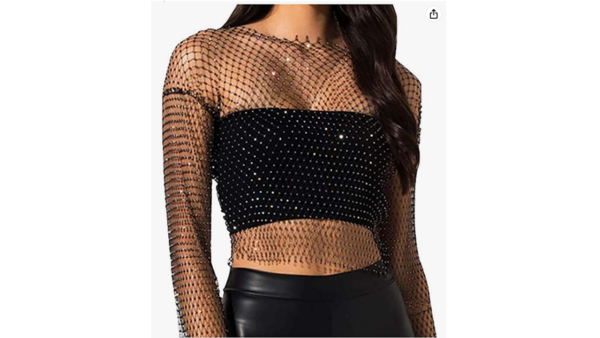 Fstrend Women Mesh Body Chains Rhinestone Long Sleeve Crystal See Through Cover up Crop Tops Fishnet Bikini