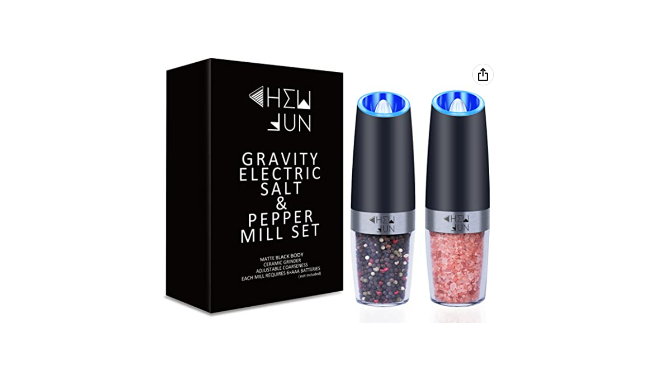 ectric Gravity Salt and Pepper Grinder Set with Adjustable Coarseness Automatic Pepper and Salt Mill Battery Powered with Blue LED Light, One Hand Operated, Brushed Stainless Steel by CHEW FUN