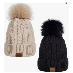 Womens Fleece Lined Winter Beanie Hat w/ Matching Pom